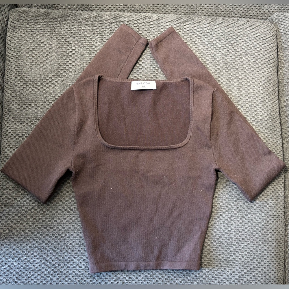 Babaton Aritzia Sculpt Knit Squareneck Cropped Longsleeve 2xs Rich mocha brown